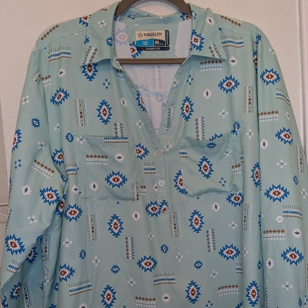 Plus Size Magellan Outdoors Women's XXL Teal Tribal Print Long Sleeve Shirt